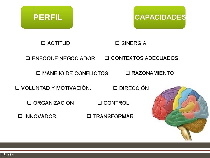 PERFIL CAPACIDADES q ACTITUD q SINERGIA q ENFOQUE NEGOCIADOR q CONTEXTOS ADECUADOS. q MANEJO