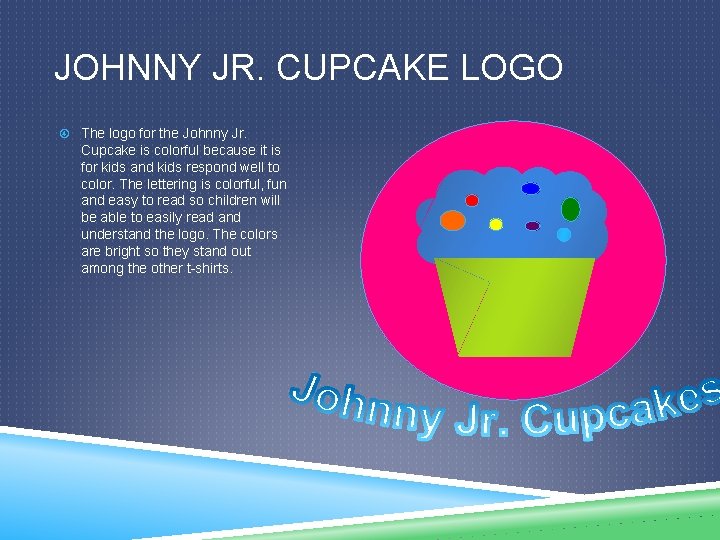 JOHNNY JR. CUPCAKE LOGO The logo for the Johnny Jr. Cupcake is colorful because