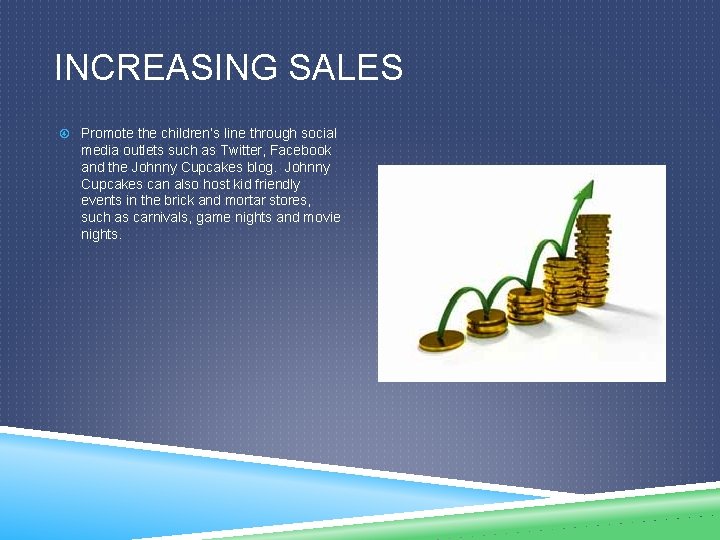 INCREASING SALES Promote the children’s line through social media outlets such as Twitter, Facebook