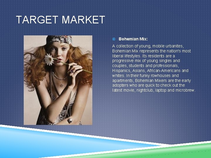 TARGET MARKET Bohemian Mix: A collection of young, mobile urbanites, Bohemian Mix represents the