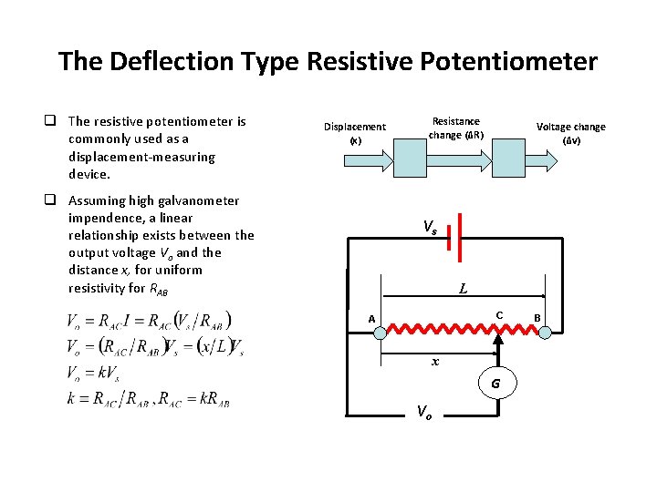 The Deflection Type Resistive Potentiometer q The resistive potentiometer is commonly used as a