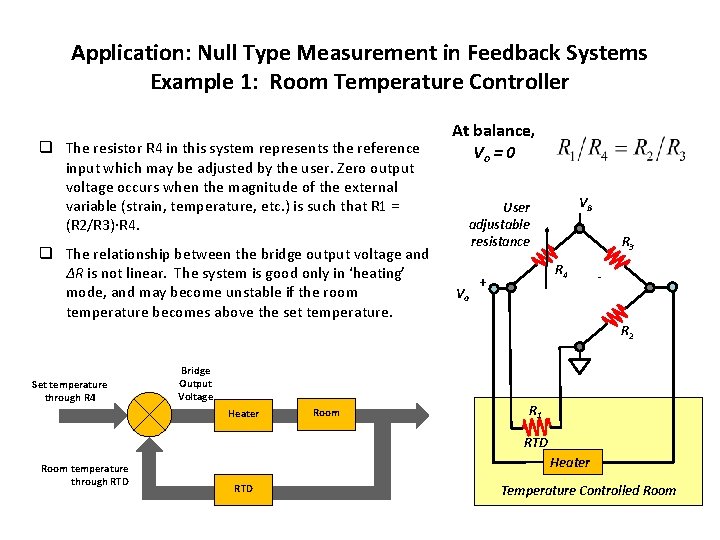 Application: Null Type Measurement in Feedback Systems Example 1: Room Temperature Controller q The
