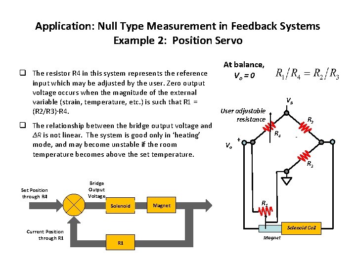 Application: Null Type Measurement in Feedback Systems Example 2: Position Servo q The resistor
