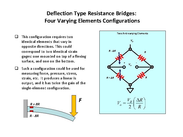 Deflection Type Resistance Bridges: Four Varying Elements Configurations q This configuration requires two identical