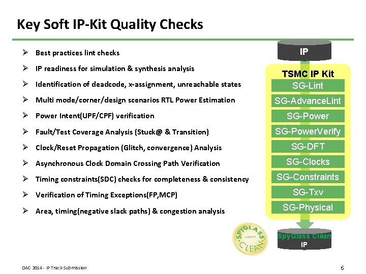 Key Soft IP-Kit Quality Checks Ø Best practices lint checks Ø IP readiness for