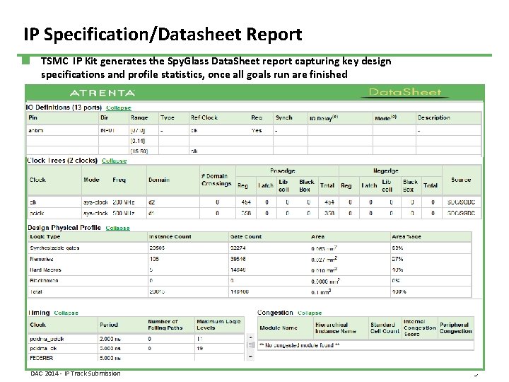 IP Specification/Datasheet Report TSMC IP Kit generates the Spy. Glass Data. Sheet report capturing
