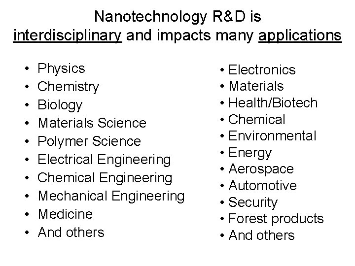 Nanotechnology R&D is interdisciplinary and impacts many applications • • • Physics Chemistry Biology