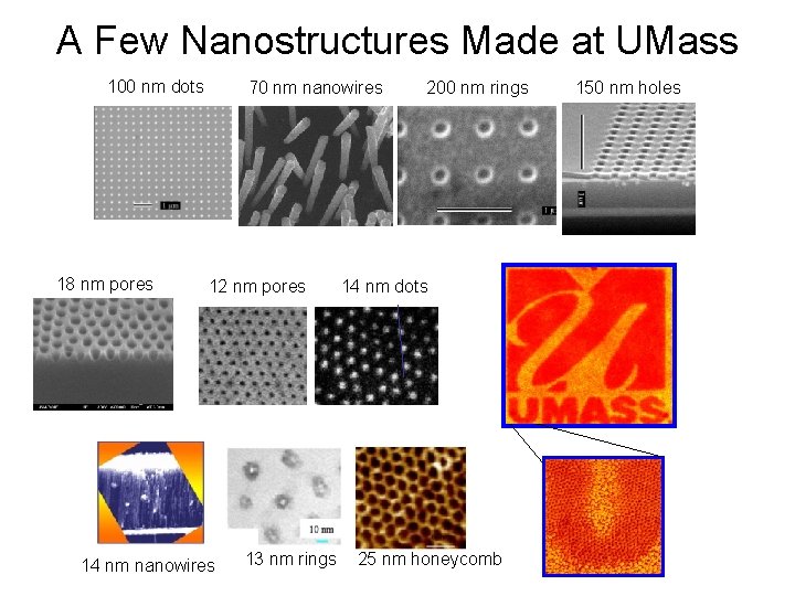 A Few Nanostructures Made at UMass 100 nm dots 18 nm pores 70 nm