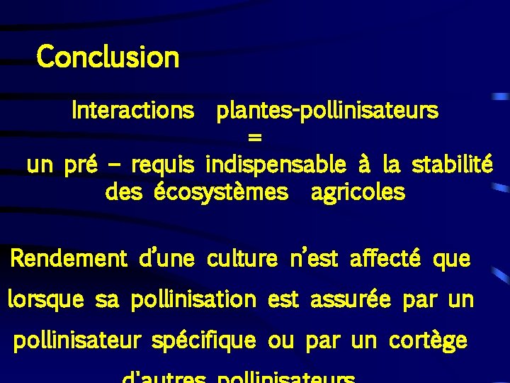 Conclusion Interactions plantes-pollinisateurs = un pré – requis indispensable à la stabilité des écosystèmes