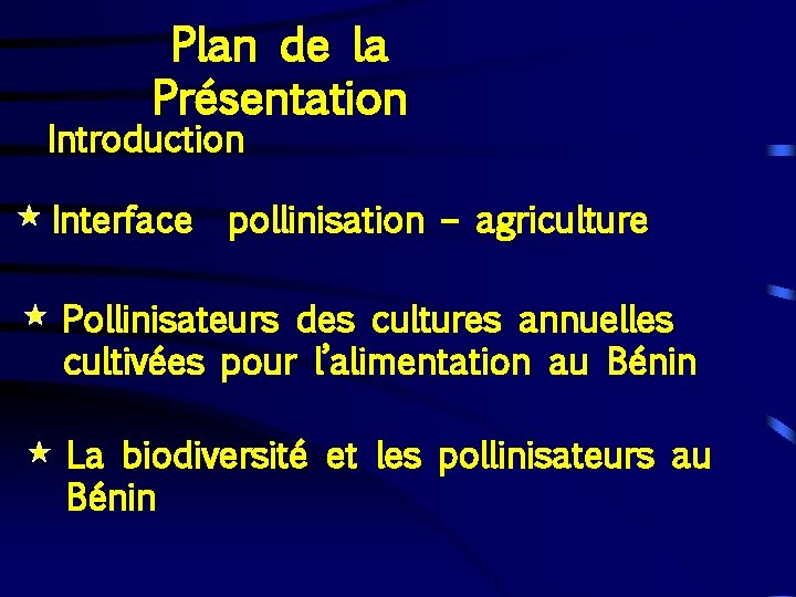 Plan de la Présentation Introduction Interface pollinisation – agriculture Pollinisateurs des cultures annuelles cultivées