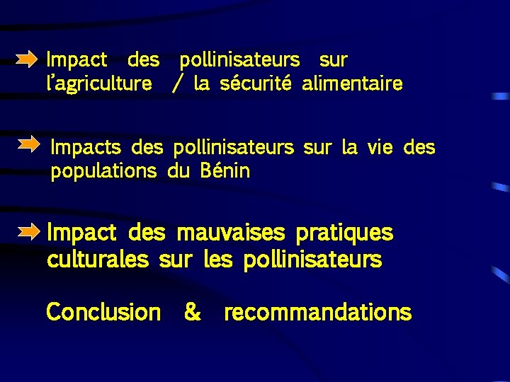 Impact des pollinisateurs sur l’agriculture / la sécurité alimentaire Impacts des pollinisateurs sur la