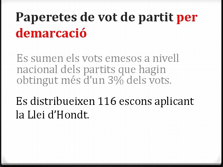 Paperetes de vot de partit per demarcació Es sumen els vots emesos a nivell