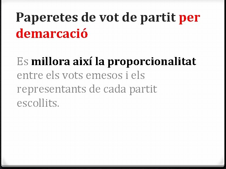 Paperetes de vot de partit per demarcació Es millora així la proporcionalitat entre els