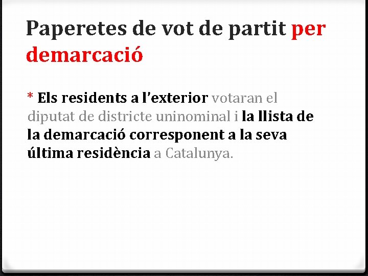 Paperetes de vot de partit per demarcació * Els residents a l’exterior votaran el