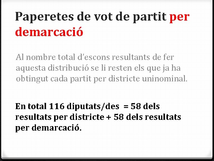 Paperetes de vot de partit per demarcació Al nombre total d’escons resultants de fer