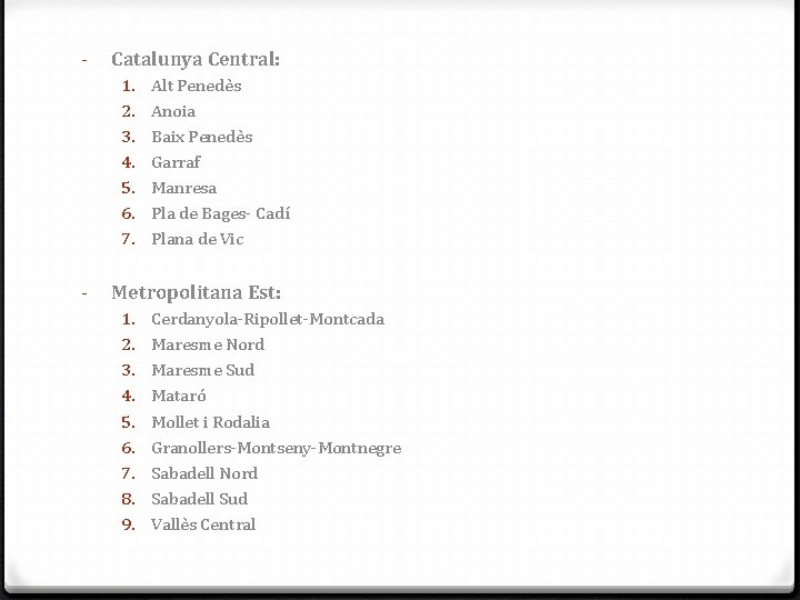 - Catalunya Central: 1. 2. 3. 4. 5. 6. 7. - Alt Penedès Anoia