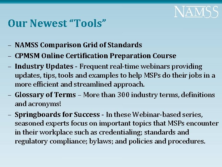 Our Newest “Tools” – NAMSS Comparison Grid of Standards – CPMSM Online Certification Preparation