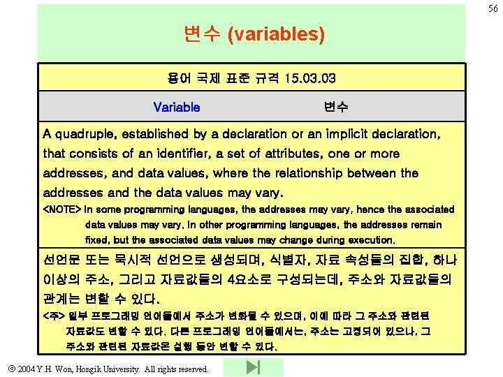 56 변수 (variables) 용어 국제 표준 규격 15. 03 Variable 변수 A quadruple, established