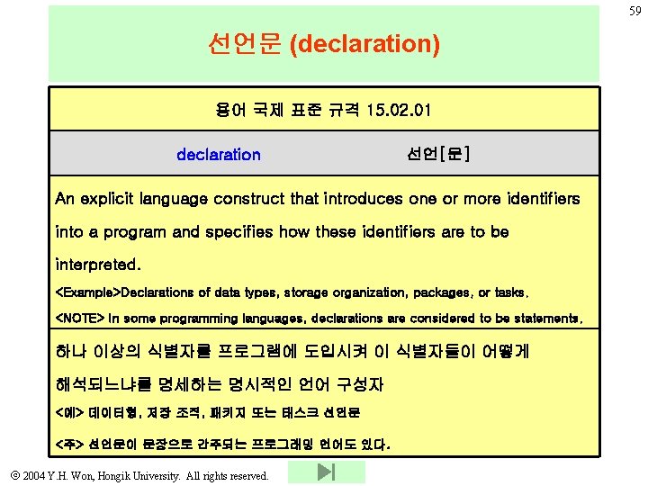59 선언문 (declaration) 용어 국제 표준 규격 15. 02. 01 declaration 선언[문] An explicit