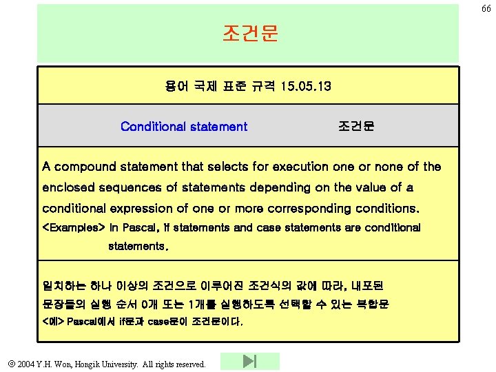 66 조건문 용어 국제 표준 규격 15. 05. 13 Conditional statement 조건문 A compound