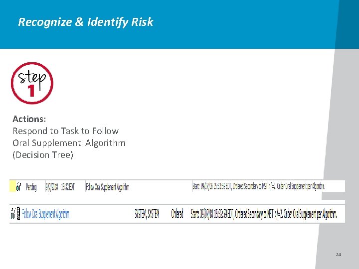 Recognize & Identify Risk Actions: Respond to Task to Follow Oral Supplement Algorithm (Decision