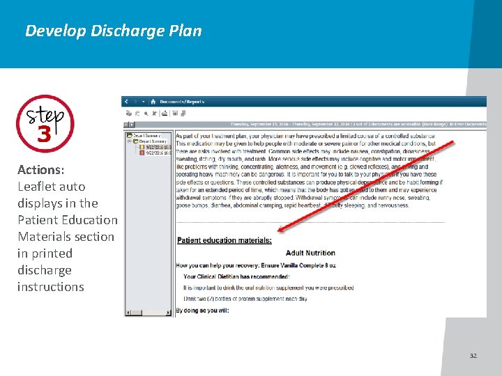 Develop Discharge Plan Actions: Leaflet auto displays in the Patient Education Materials section in