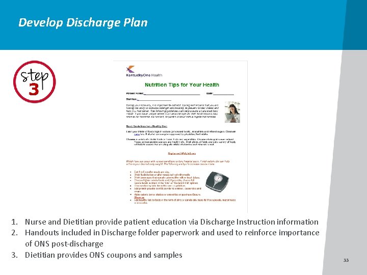 Develop Discharge Plan 1. Nurse and Dietitian provide patient education via Discharge Instruction information