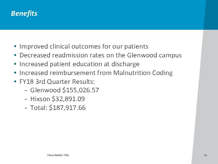 Benefits • • • Improved clinical outcomes for our patients Decreased readmission rates on