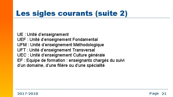 Les sigles courants (suite 2) UE : Unité d’enseignement UEF : Unité d’enseignement Fondamental