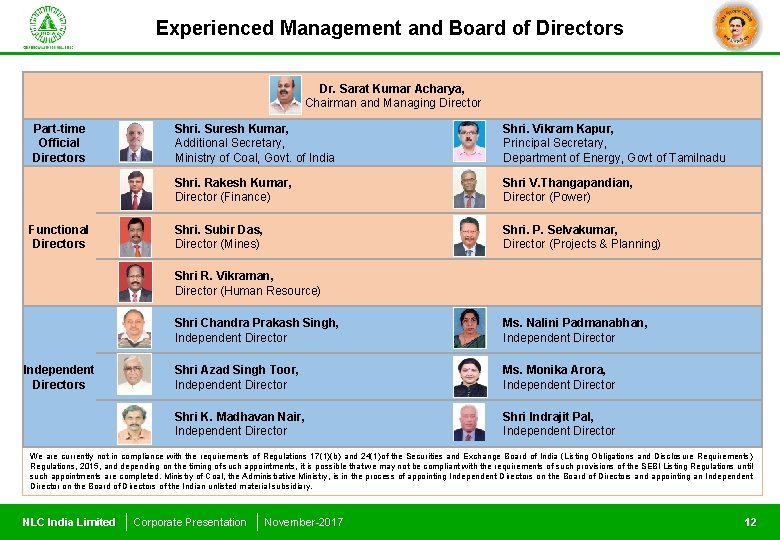 Experienced Management and Board of Directors Dr. Sarat Kumar Acharya, Chairman and Managing Director