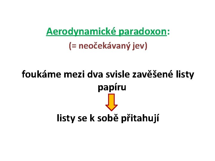 Aerodynamické paradoxon: (= neočekávaný jev) foukáme mezi dva svisle zavěšené listy papíru listy se