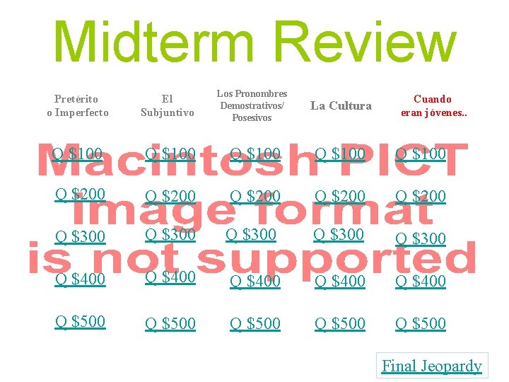 Midterm Review Pretérito o Imperfecto El Subjuntivo Los Pronombres Demostrativos/ Posesivos La Cultura Q