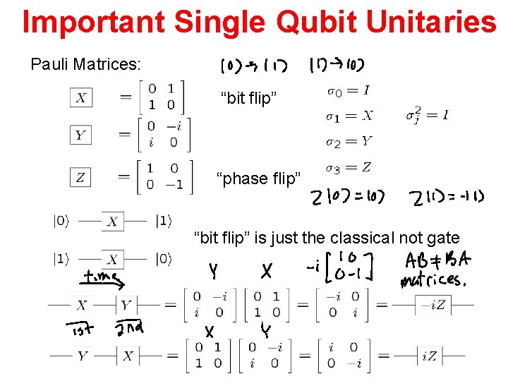 Important Single Qubit Unitaries Pauli Matrices: “bit flip” “phase flip” “bit flip” is just