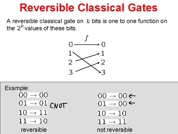 Reversible Classical Gates A reversible classical gate on the values of these bits is