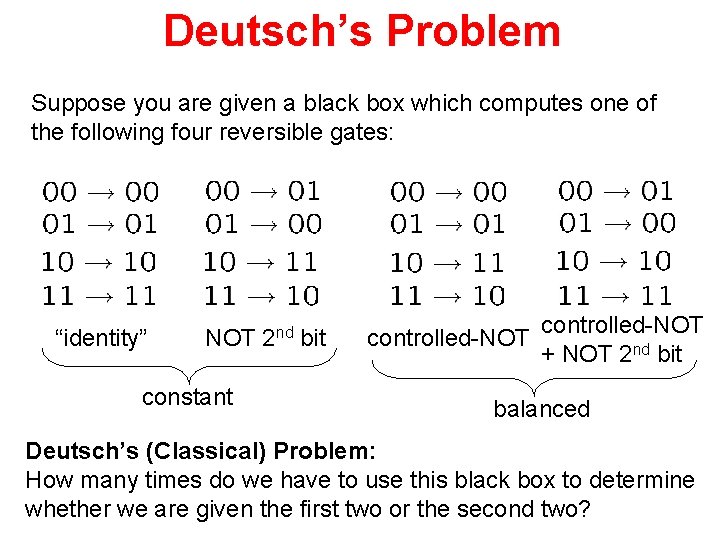 Deutsch’s Problem Suppose you are given a black box which computes one of the