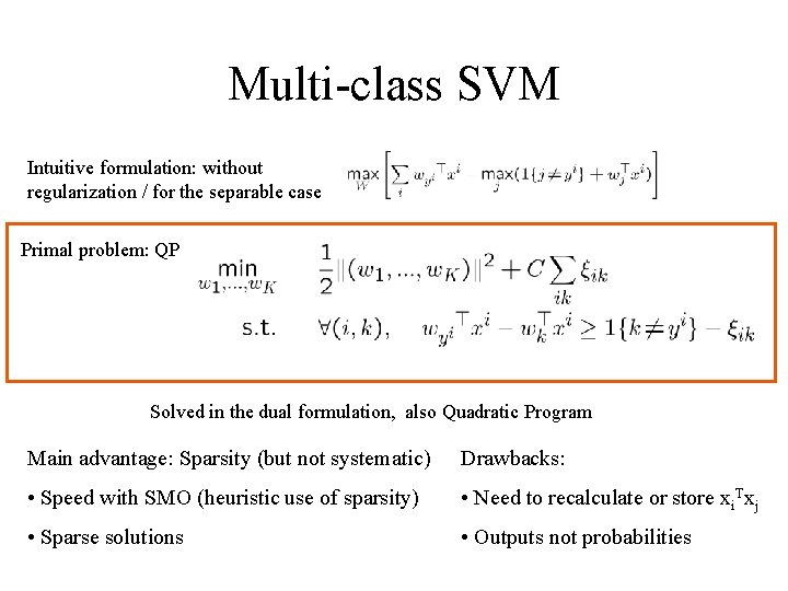 Multi-class SVM Intuitive formulation: without regularization / for the separable case Primal problem: QP