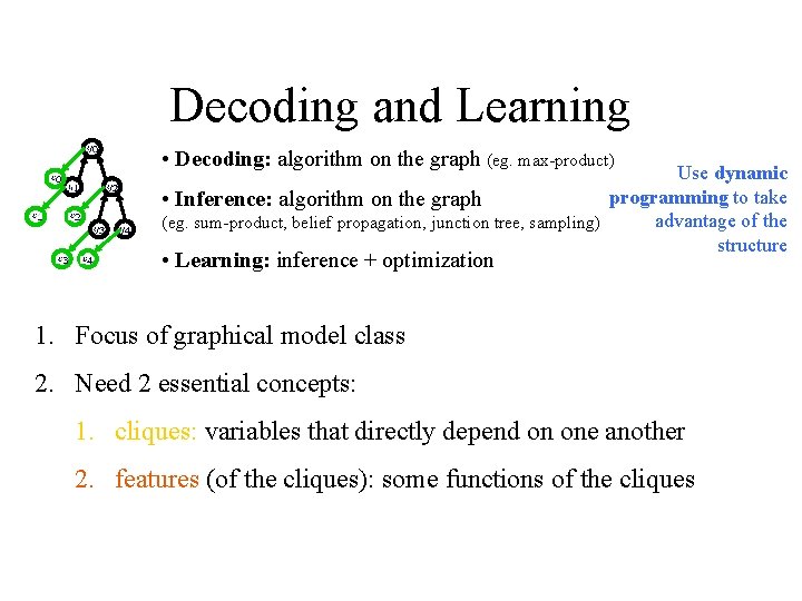 Decoding and Learning • Decoding: algorithm on the graph (eg. max-product) Use dynamic programming