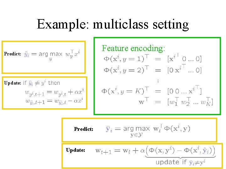 Example: multiclass setting Feature encoding: Predict: Update: 