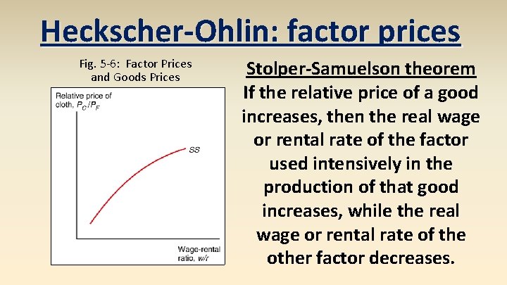 Heckscher-Ohlin: factor prices Fig. 5 -6: Factor Prices and Goods Prices Stolper-Samuelson theorem If
