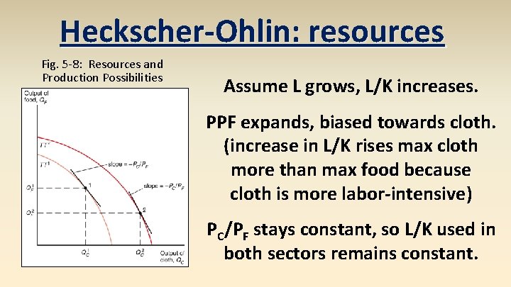 Heckscher-Ohlin: resources Fig. 5 -8: Resources and Production Possibilities Assume L grows, L/K increases.
