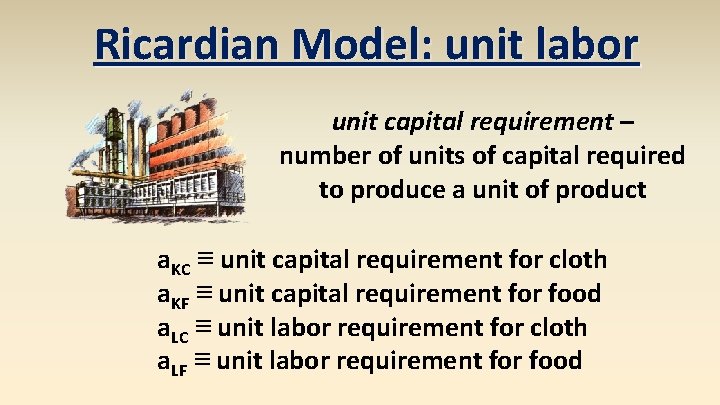 Ricardian Model: unit labor unit capital requirement – number of units of capital required