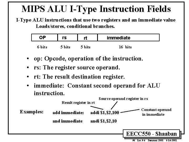 MIPS ALU I-Type Instruction Fields I-Type ALU instructions that use two registers and an