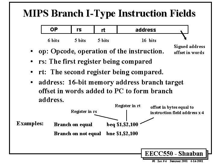 MIPS Branch I-Type Instruction Fields • • OP rs rt 6 bits 5 bits