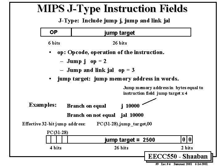 MIPS J-Type Instruction Fields J-Type: Include jump j, jump and link jal OP jump