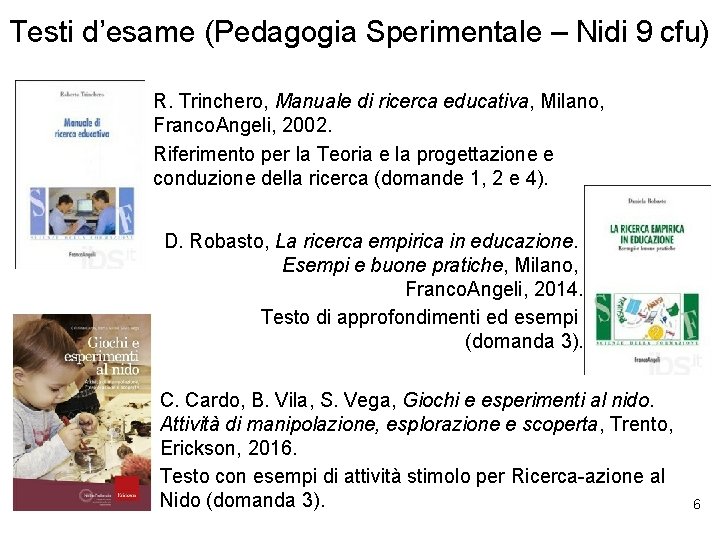 Testi d’esame (Pedagogia Sperimentale – Nidi 9 cfu) R. Trinchero, Manuale di ricerca educativa,