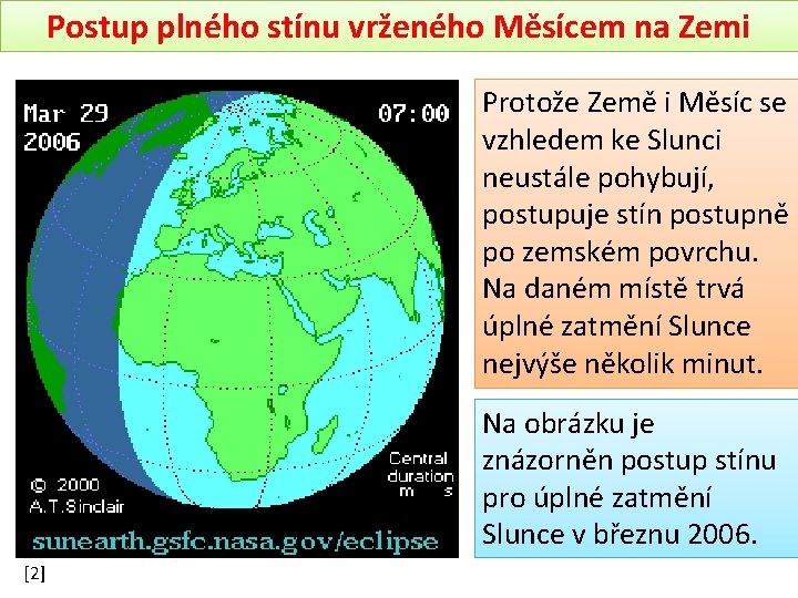 Postup plného stínu vrženého Měsícem na Zemi Protože Země i Měsíc se vzhledem ke