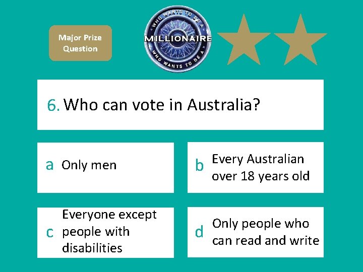 Major Prize Question 6. Who can vote in Australia? a Only men c Everyone