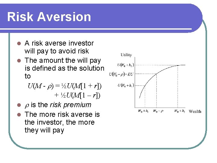 Risk Aversion A risk averse investor will pay to avoid risk l The amount