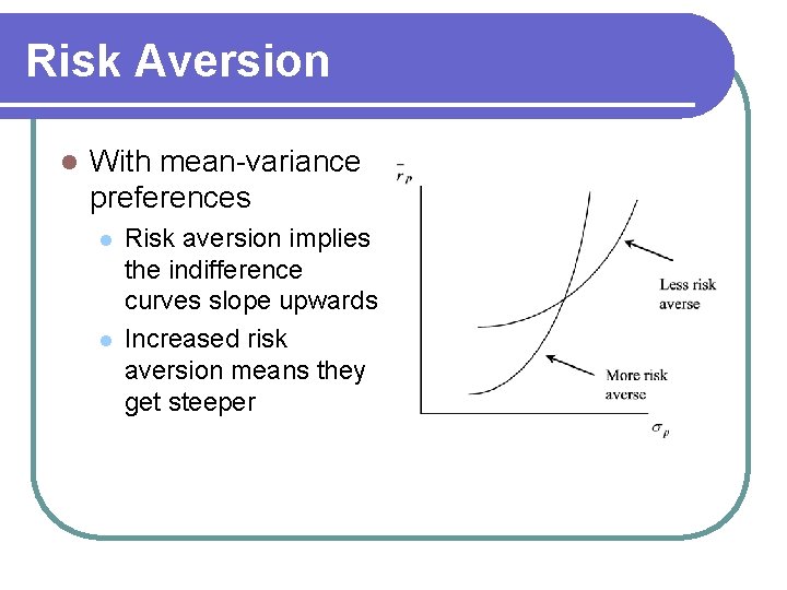 Risk Aversion l With mean-variance preferences l l Risk aversion implies the indifference curves