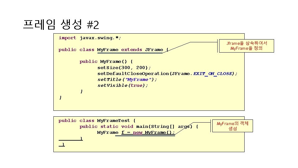 프레임 생성 #2 import javax. swing. *; public class My. Frame extends JFrame {